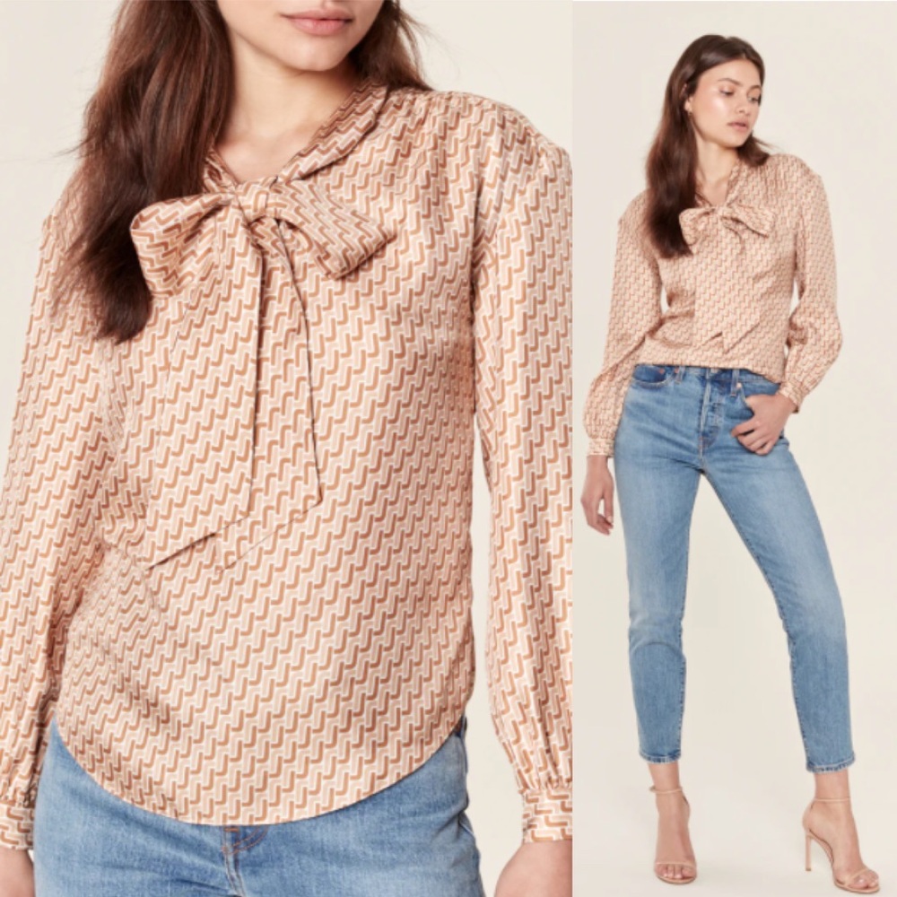 Joie Joslin Bow Tie Silk Blouse Chain Print Oak Tan XL NWT - Picture 2 of 13